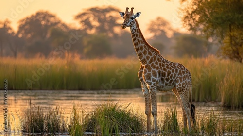 Golden Hour Giraffe: Serene Sunset in African Savanna