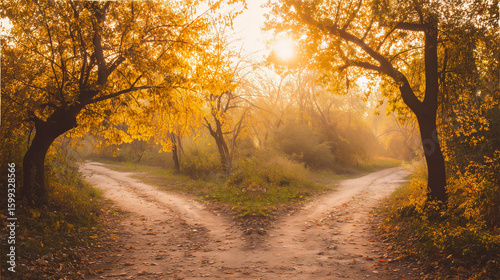 A forked path through a golden autumn forest, symbolizing life's choices under soft sunlight.