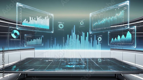 A computer monitor displays a series of graphs and charts
