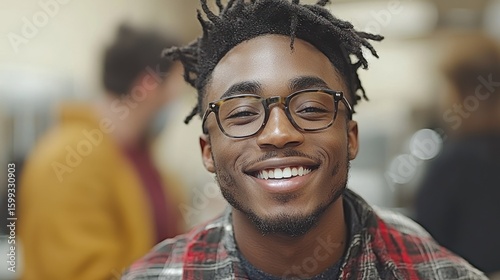 Portrait of a Smiling Young Man with Dreadlocks and Glasses