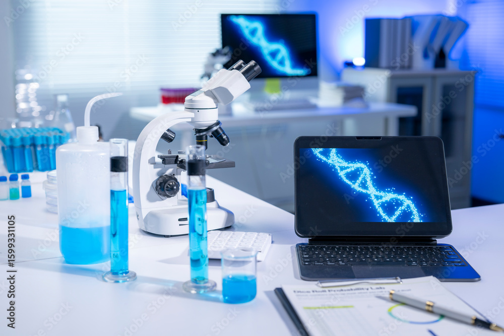 Fototapeta premium Laboratory equipment displaying dna structure on laptop and monitor