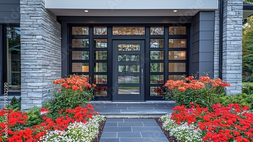 Modern House Entrance with Stunning Floral Landscaping