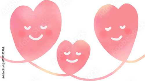 目をつぶって笑顔で寄り添う3つのピンクのハート 愛