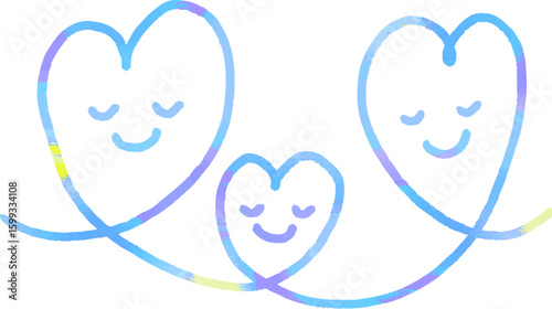 目をつぶって笑顔で寄り添う3つのブルーのハート 愛