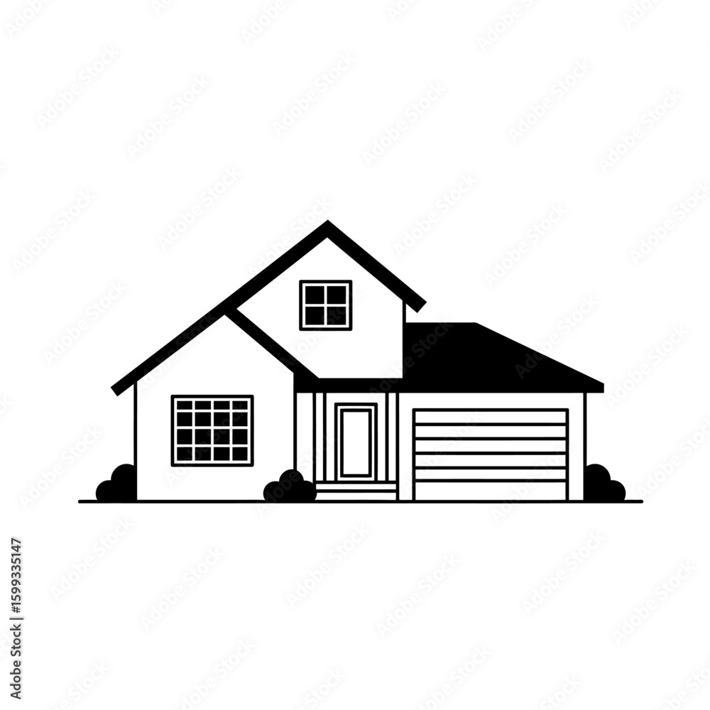 Fototapeta premium Minimalist line art illustration of a two-story house with a garage, set against a clean white background, ideal for real estate or architectural design concepts.