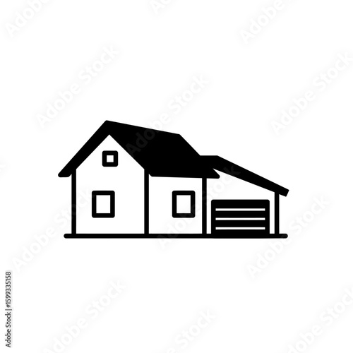 A simple black and white line art icon depicts a modern residential house with an attached garage, symbolizing home and property.
