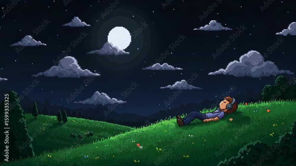 character using headphone relaxing on hills pixel art style landscape in night with moon and cloud