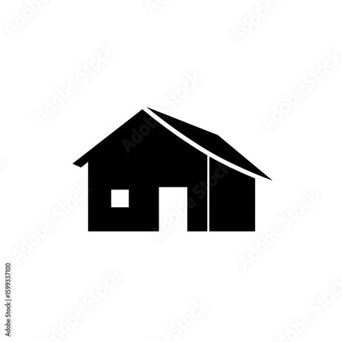 A simple black silhouette of a house with a pitched roof, a single window, and an open doorway against a white background.