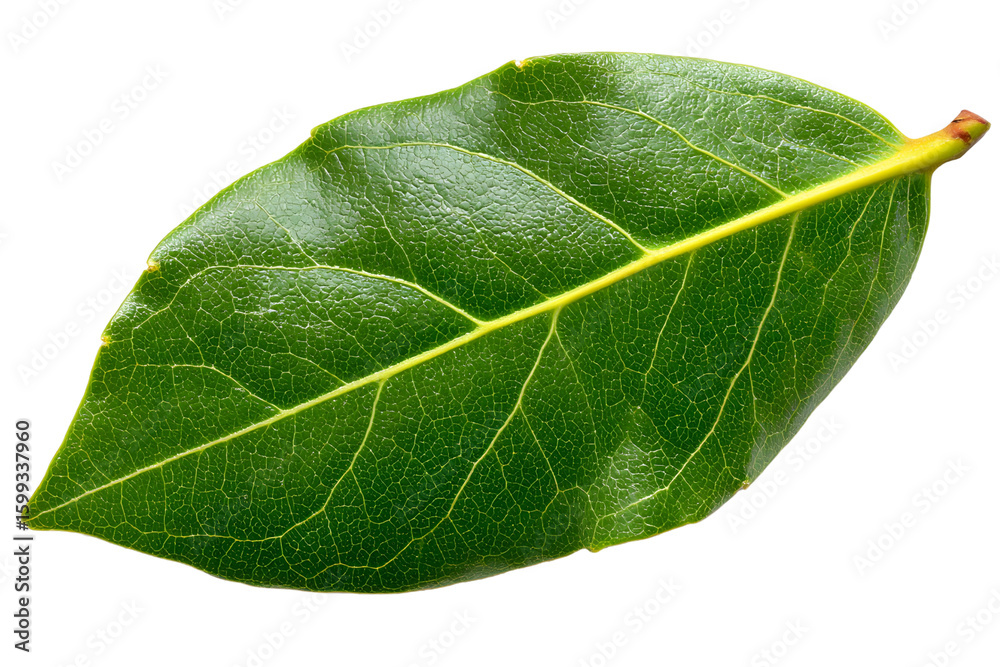 Close-up of a vibrant green bay leaf displaying intricate vein patterns on black Close-up of a vibrant green bay leaf displaying intricate vein patterns on black