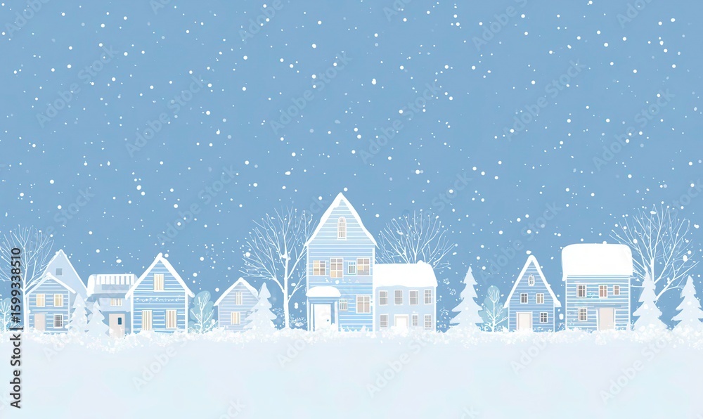 Fototapeta premium Simple Vector Snowfall on Light Blue Background with Houses and Trees, Christmas Card Template