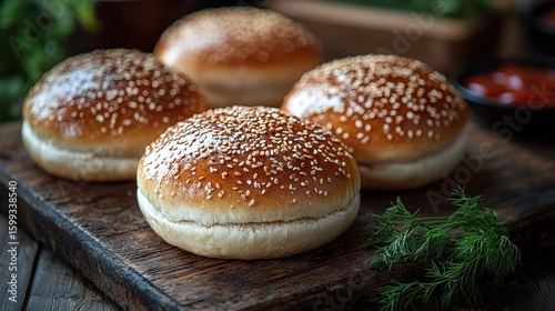 Gourmet Sesame Burger Buns on Rustic Wooden Board