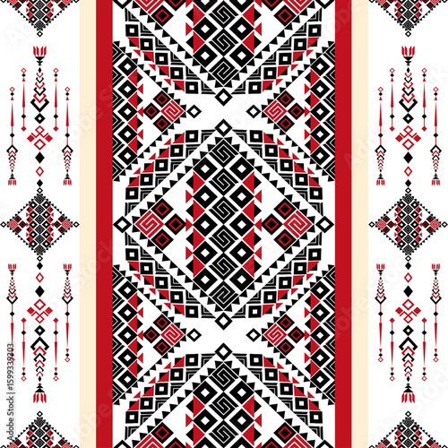 Seamless Tribal Geometric Pattern with Red, Black, and White Ethnic Motifs, Diamond Shapes, and Abstract Symbols Inspired by Traditional Textile Art and Indigenous Folk Ornament Design