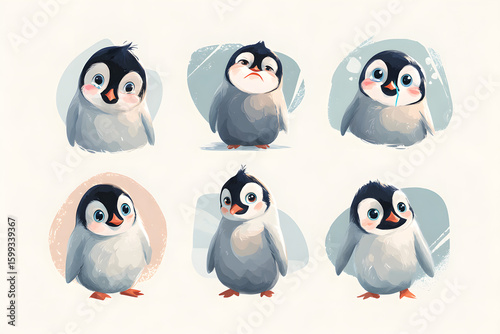 Cute Cartoon Penguins with Different Expressions and Poses