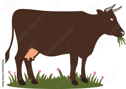 A simple flat vector illustration of a brown cow eating grass on a flower-filled green field. Designed in a clean, minimal style, perfect for agricultural themes, educational materials, and children’s
