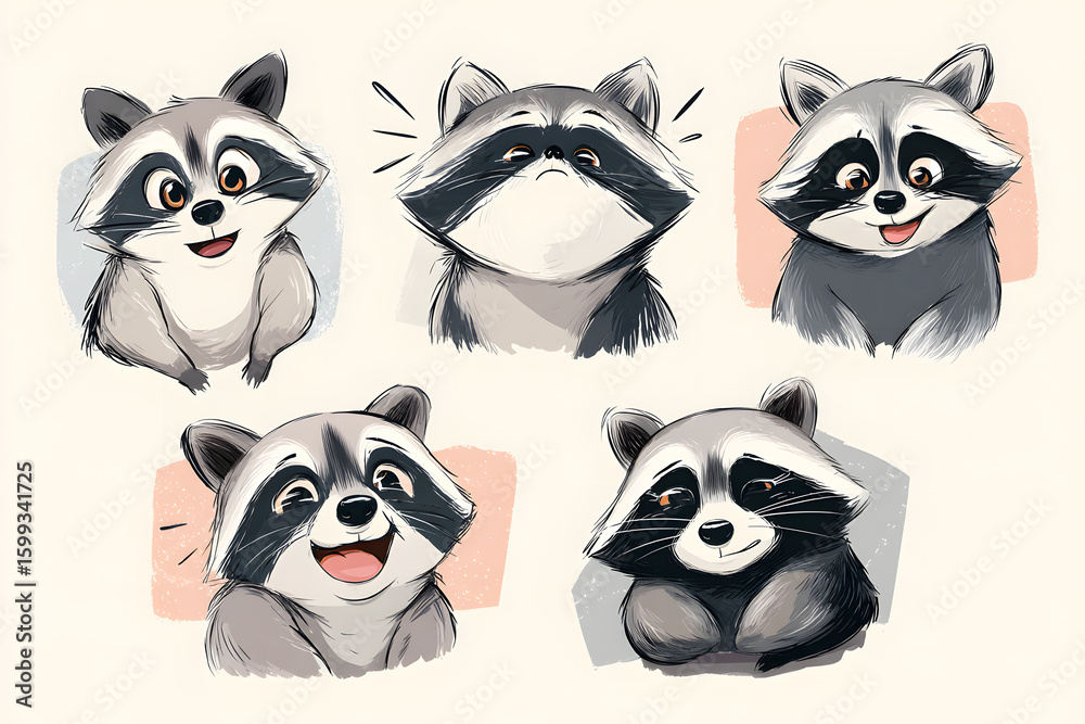 Fototapeta premium Cute and Playful Cartoon Raccoons with Various Expressions and Poses