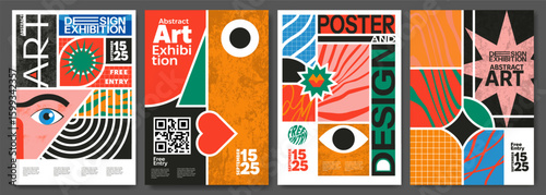 Colorful abstract poster designs for an art and design exhibition, featuring geometric shapes, bold colors, and modern layout elements on a gray background. Set of vector illustrations
