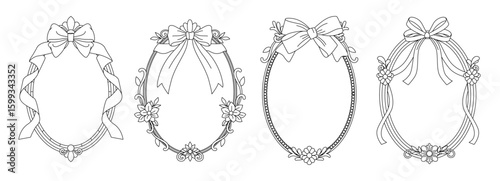 Set of four ornate oval frames decorated with bows, flowers, and ribbons in a clean line art style on a white background. Concept of decorative borders. Vector illustrations set