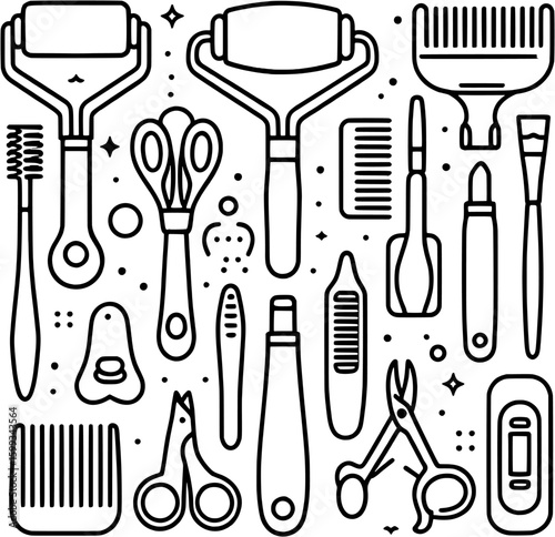 Flat line icons of beauty tools such as face rollers, gua sha, brush, comb, nail clipper, and scissors, isolated on white background.


