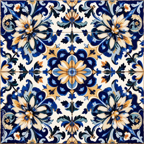 Mexican talavera pattern. Ceramic tiles with flower, leaves and bird ornaments in traditional majolica style from Puebla. Mexico floral mosaic in classic blue and white. Folk art design.