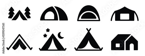Tent camp vector silhouette black icon isolated outdoor military camping vacation symbol

