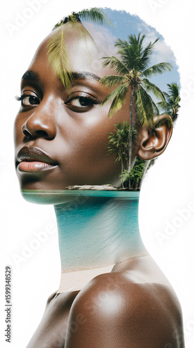 portrait of a black woman, double exposure, landscape of a tropical island, white background, photo quality, very detailed photo, intricate details