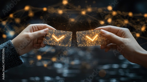 Digital Agreement: Two Hands Exchange Glowing Checkmarks on Transparent Cards, Symbolizing a Successful Deal or Contract in a Networked World
