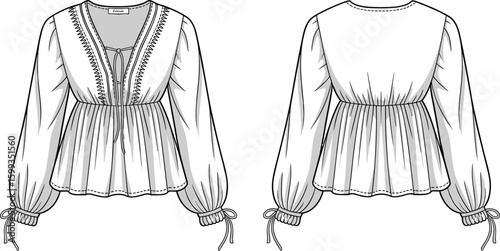 Boho peasant blouse, v-neckline top, long sleeve design, gathered waist, tie details, loose fit silhouette, cad drawing flat vector illustration