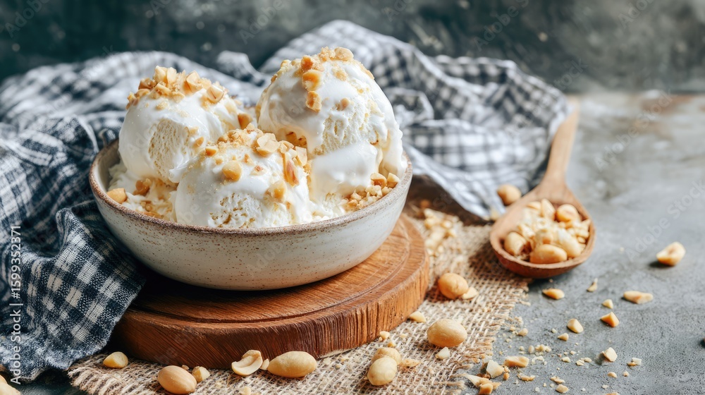 Fototapeta premium Coconut ice cream scooped into a bowl with roasted peanuts and sticky rice toppings