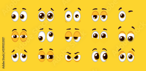 Collection of cartoon emoji eyes with various expressions like happy, sad, surprised, sleepy, and confused on a bright yellow background. Vector illustrations set