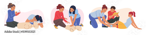 People practicing CPR and first aid techniques with training mannequins, flat graphic style, isolated on white background. Concept of emergency medical education. Flat vector illustration