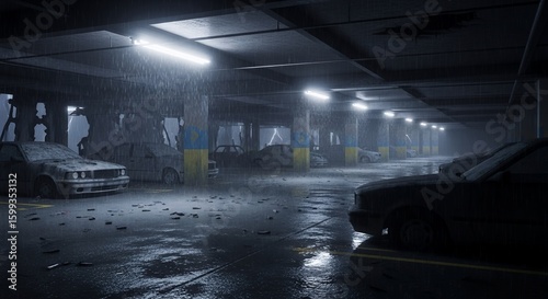 Abandoned Cars in RainSoaked Parking Garage at Night