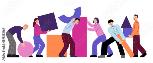 Group of diverse people collaborating by carrying colorful geometric shapes, flat graphic style, isolated on white background. Concept of teamwork and unity. Flat vector illustration