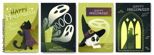 Set of four spooky Halloween posters featuring a black cat, ghosts, skull with witch hat, and vampire silhouette, all in cartoon style on colorful backgrounds. Set of flat vector illustrations