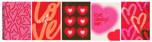 Set of abstract heart-themed designs with love quotes, hand-drawn and textured style, on colorful backgrounds, expressing affection and positivity. Set of vector illustrations
