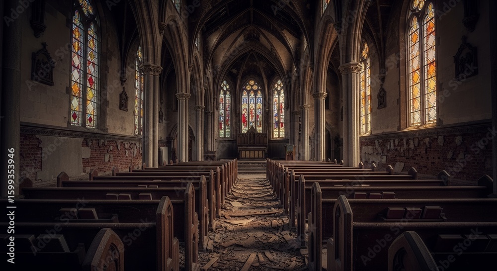 Fototapeta premium Abandoned Church Interior with Stained Glass Windows and Pews