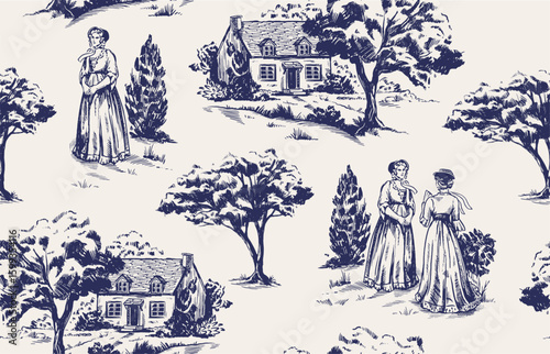 Elegant toile pattern with women in historical dress, cottages, and trees in detailed sketch style on light background. Concept of vintage countryside life. Vector illustration