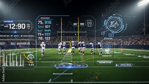 Football game in a stadium with players on the field, digital stats overlay highlighting key metrics