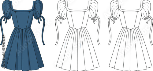 Cute puff sleeve dress, square neckline, short pleated skirt, tied ribbon sleeves, casual summer fashion, feminine style, elegant outfit, women’s clothing, cad drawing flat vector illustration