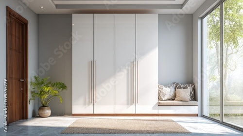 Minimalist-style built-in wardrobe with white doors blending seamlessly into the wall