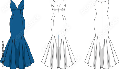 Elegant sleeveless mermaid dress, deep V neckline, fitted bodice, flared skirt, formal evening gown, stylish design, women’s fashion, chic outfit, cad drawing flat vector illustration