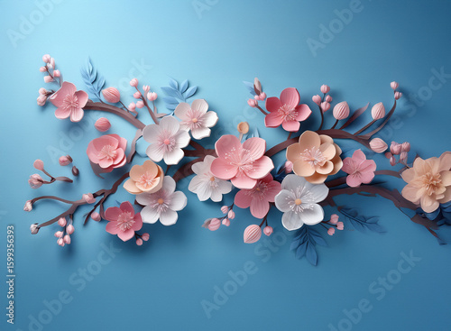 Delicate artistic paper floral branch with pink, peach, and white flowers, blue leaves on a soft blue background.