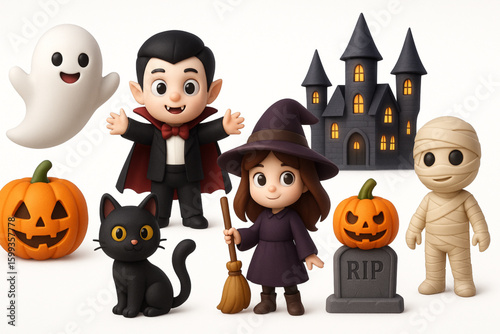 3D Halloween illustration with ghost, pumpkin, vampire boy, black cat, witch girl, haunted castle, mummy, and gravestone, vector on white background