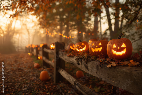 Golden-hour Halloween pumpkin patch, misty background, glowing jack-o'-lanterns, autumn leaves, rustic fence