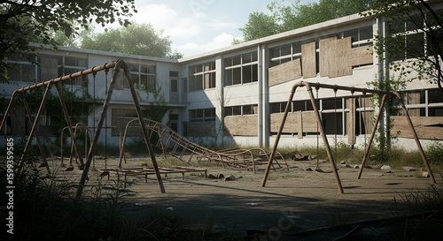 Abandoned Playground with Rusted Swings and Overgrown Weeds