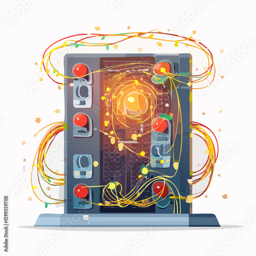 Overloaded switchboard with blinking lights and tangled wires, symbol of anxiety and mental overload.