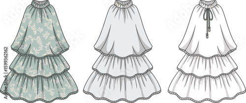 Vászonkép Women’s layered dress, ruffle skirt design, long sleeve top, floral pattern opti