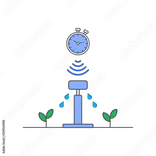 Smart irrigation system icon showing a sprinkler with water drop and timer signal, ideal for precision farming, water-saving solutions, and sustainable agriculture visuals.