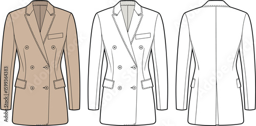 Double-breasted blazer jacket CAD drawing, men's tailored coat flat vector illustration, front back views, fashion apparel design template mockup