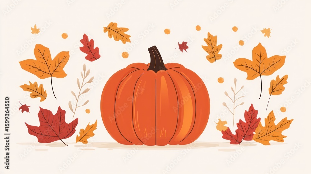 Naklejka premium Autumn pumpkin surrounded by falling leaves