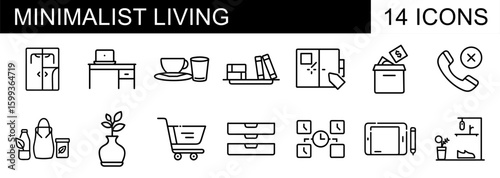 A set of 14 line art icons representing minimalist living concepts, including decluttering, organization, simple essentials, and digital well-being.